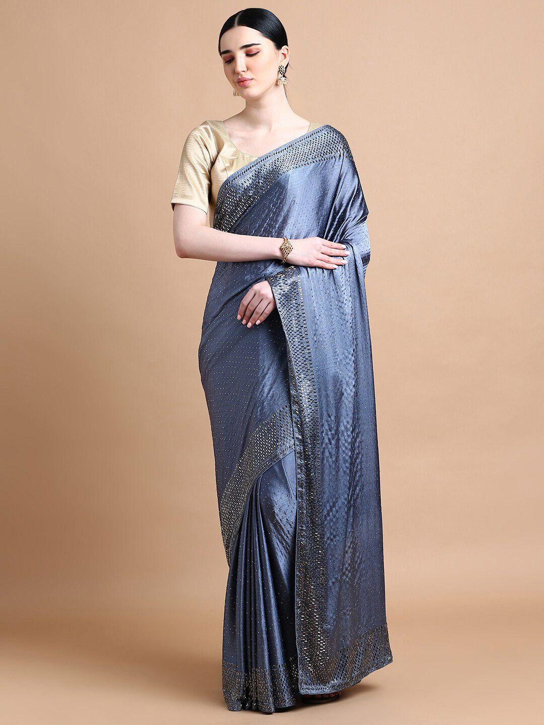 kalyan silks grey embellished beads and stones pure chiffon saree