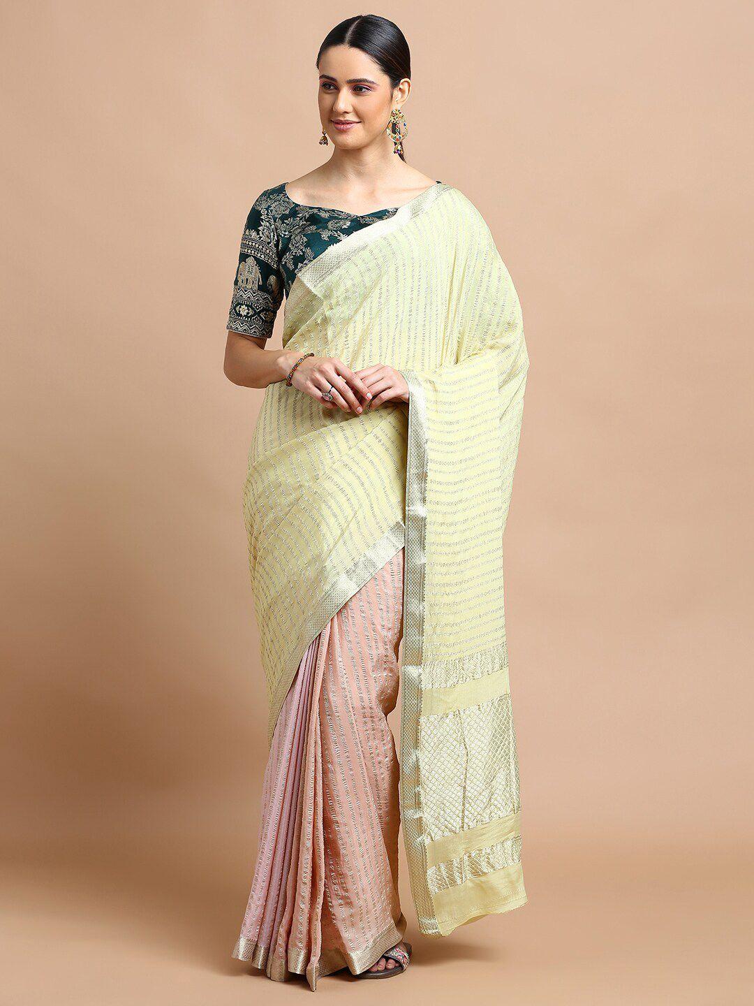 kalyan silks yellow & pink woven design zari pure chiffon saree