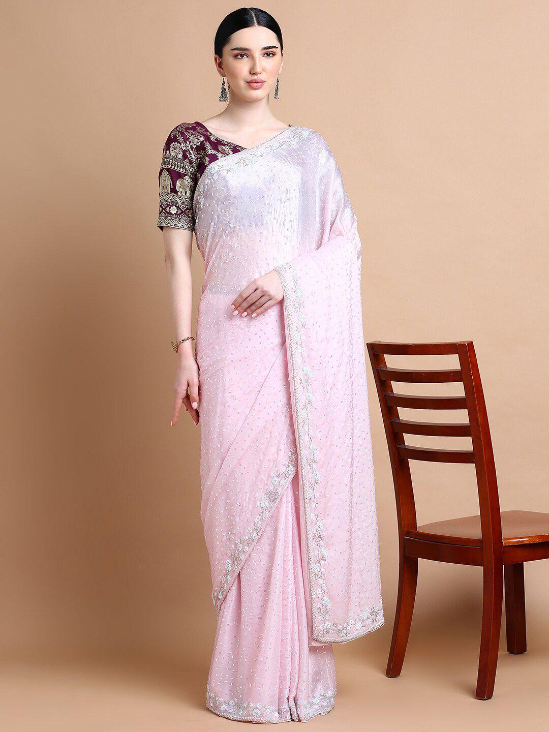 kalyan silks pink & blue embellished beads and stones satin saree