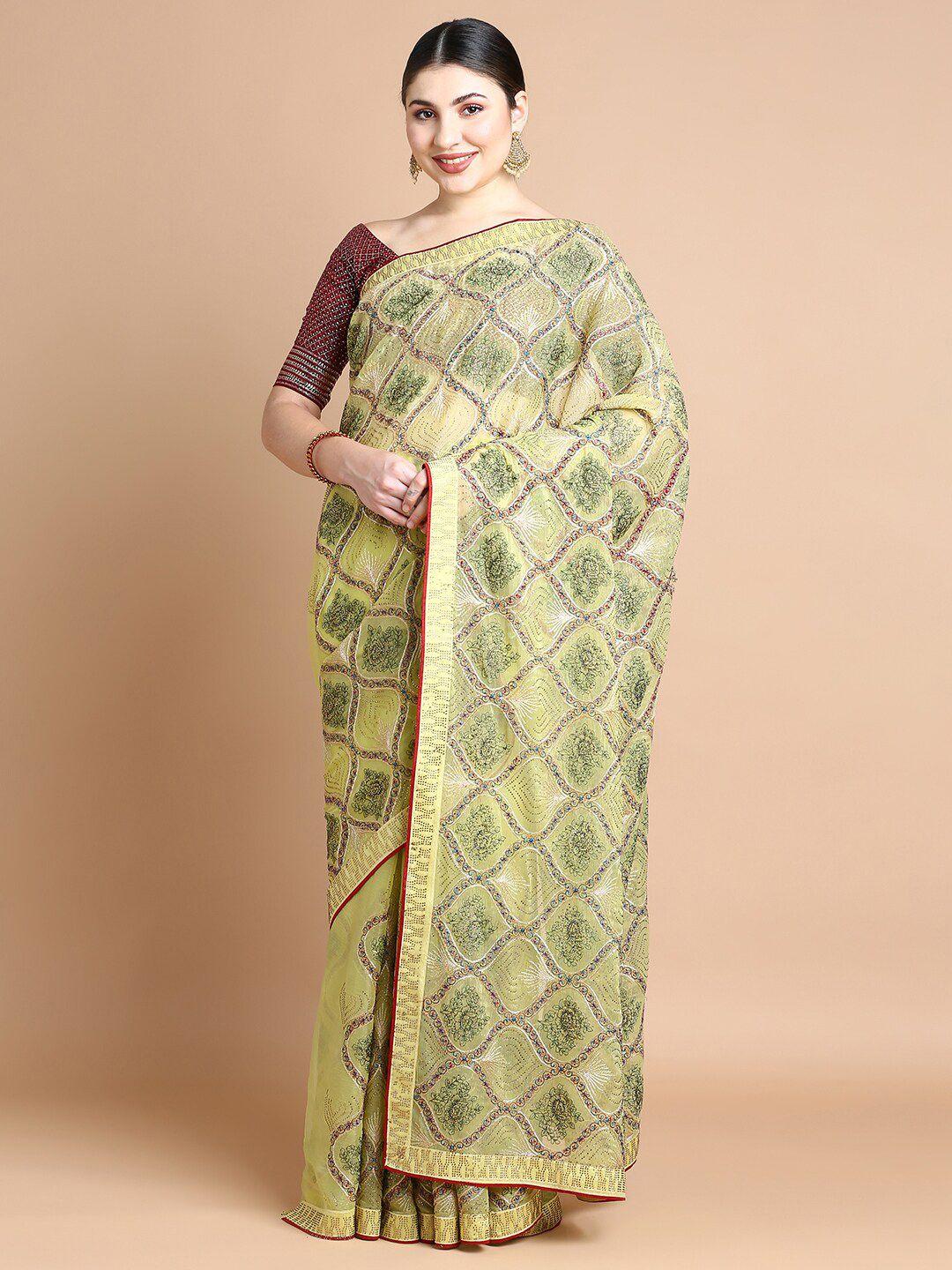 kalyan silks yellow & green ethnic motifs embroidered pure chiffon saree