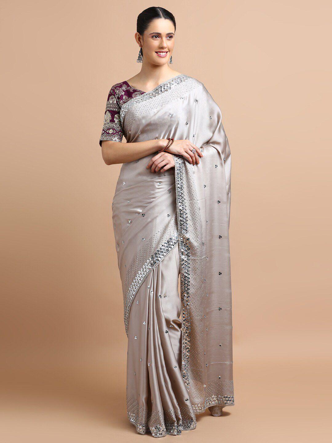 kalyan silks beige embellished sequinned silk blend saree