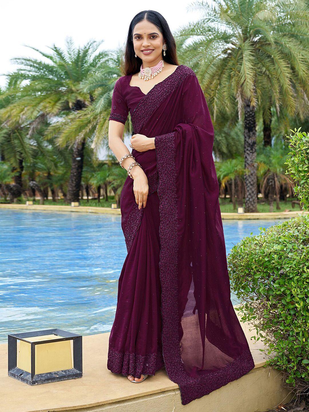 mitera purple embellished beads and stones art silk saree