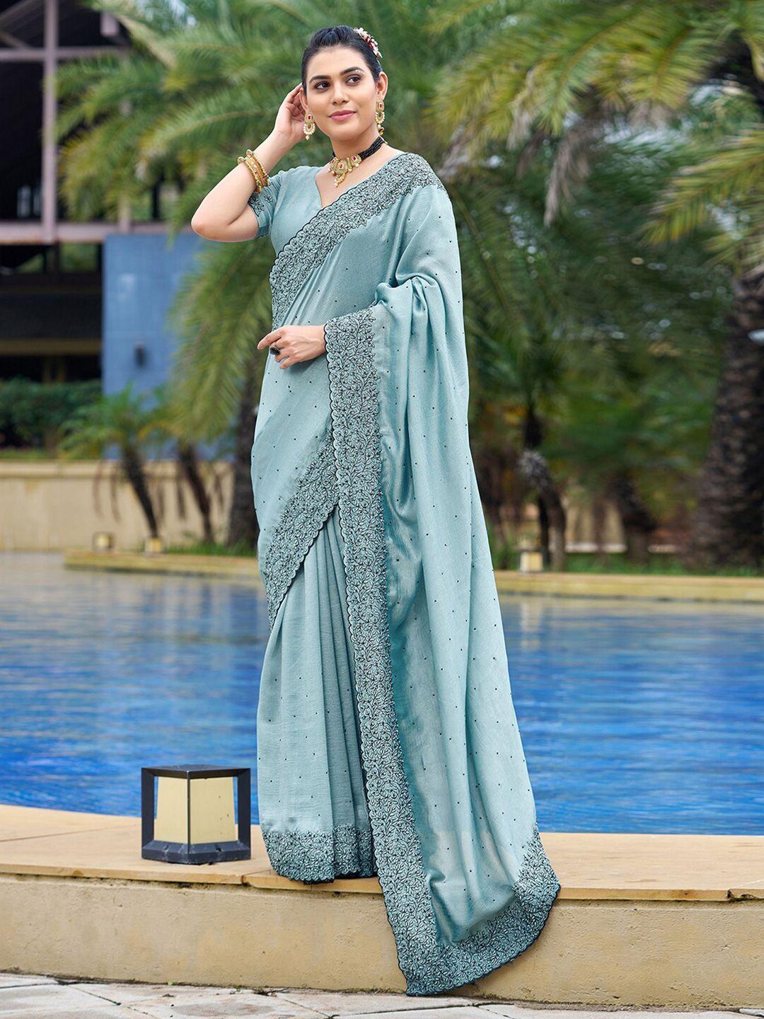 mitera blue embellished beads and stones art silk saree