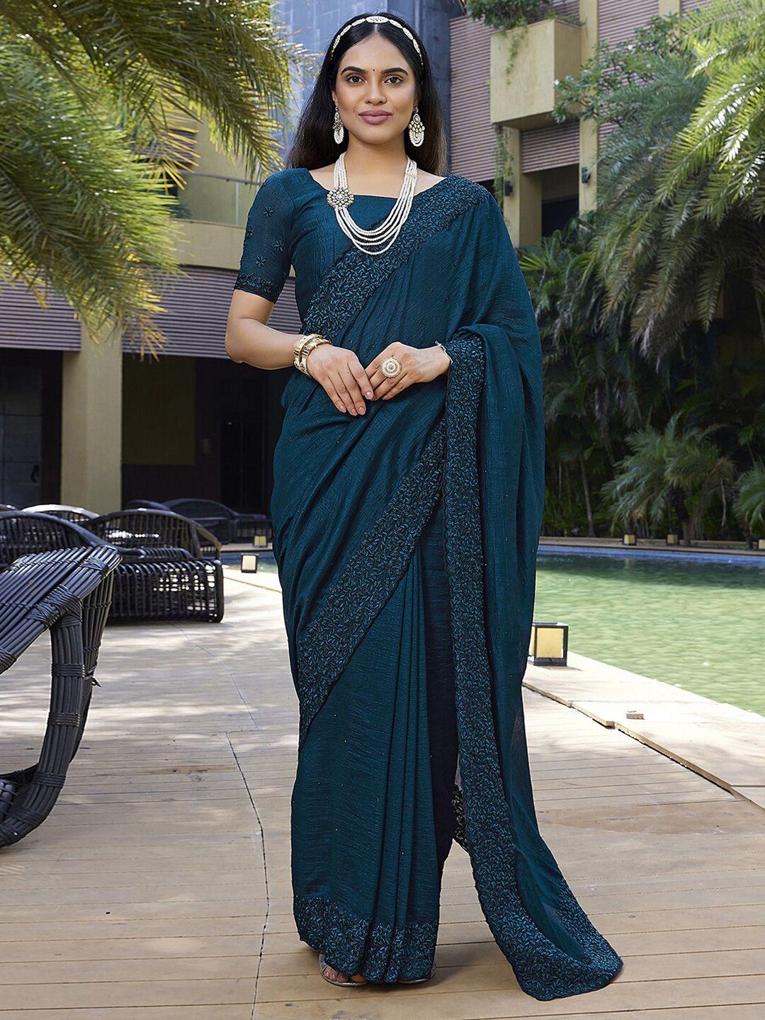 mitera navy blue embellished beads and stones art silk saree