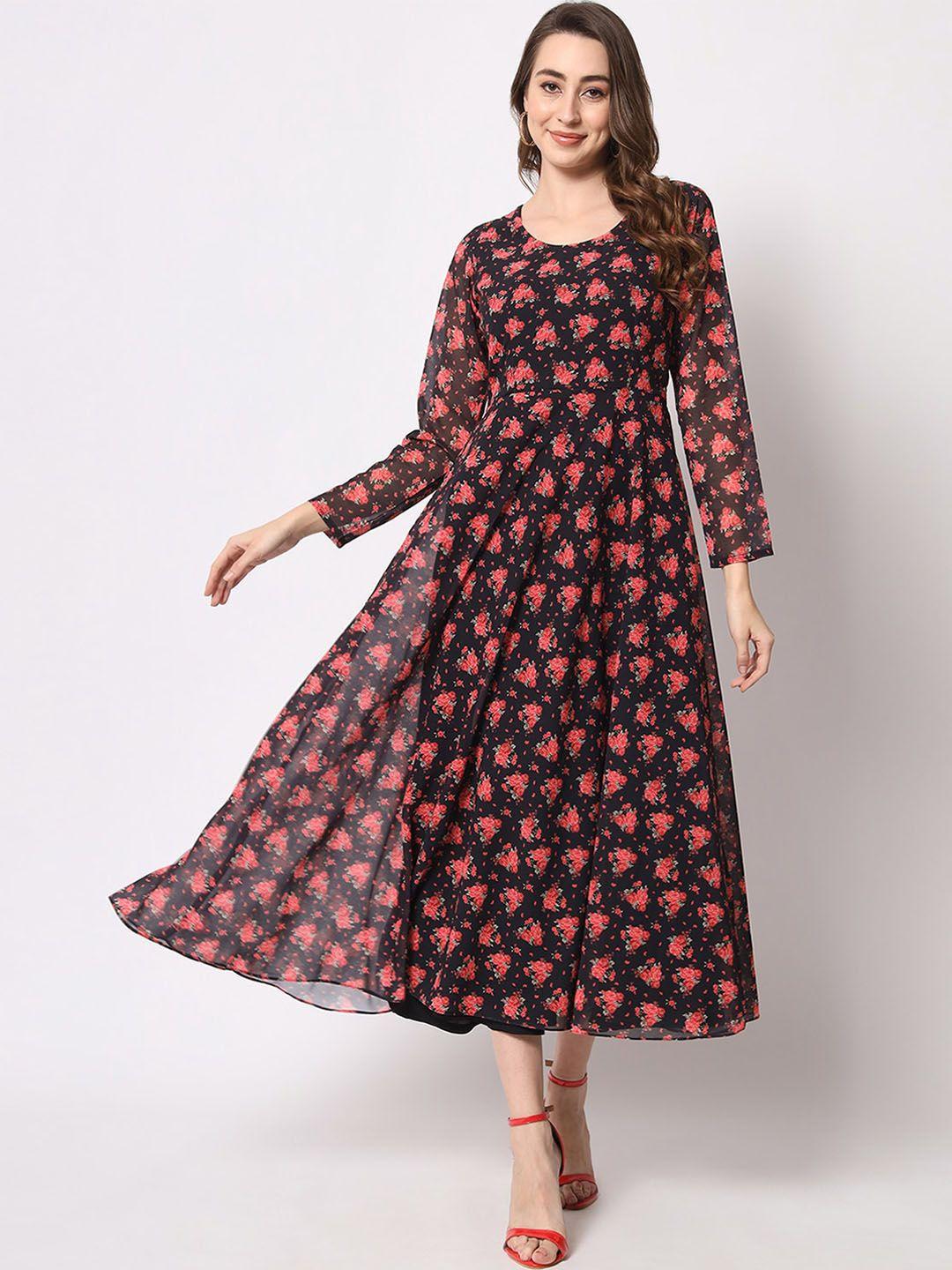 black scissor floral printed gathered fit & flare midi dress