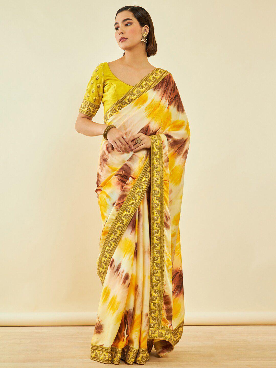 soch yellow & brown zari poly crepe saree