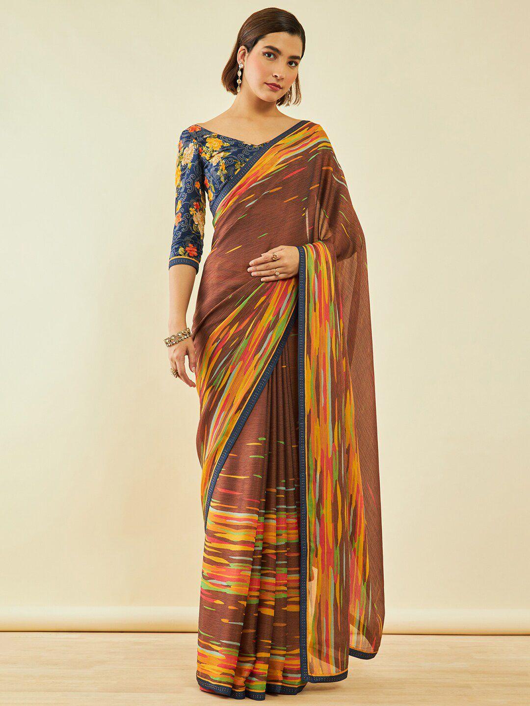 soch brown & green beads and stones poly chiffon saree