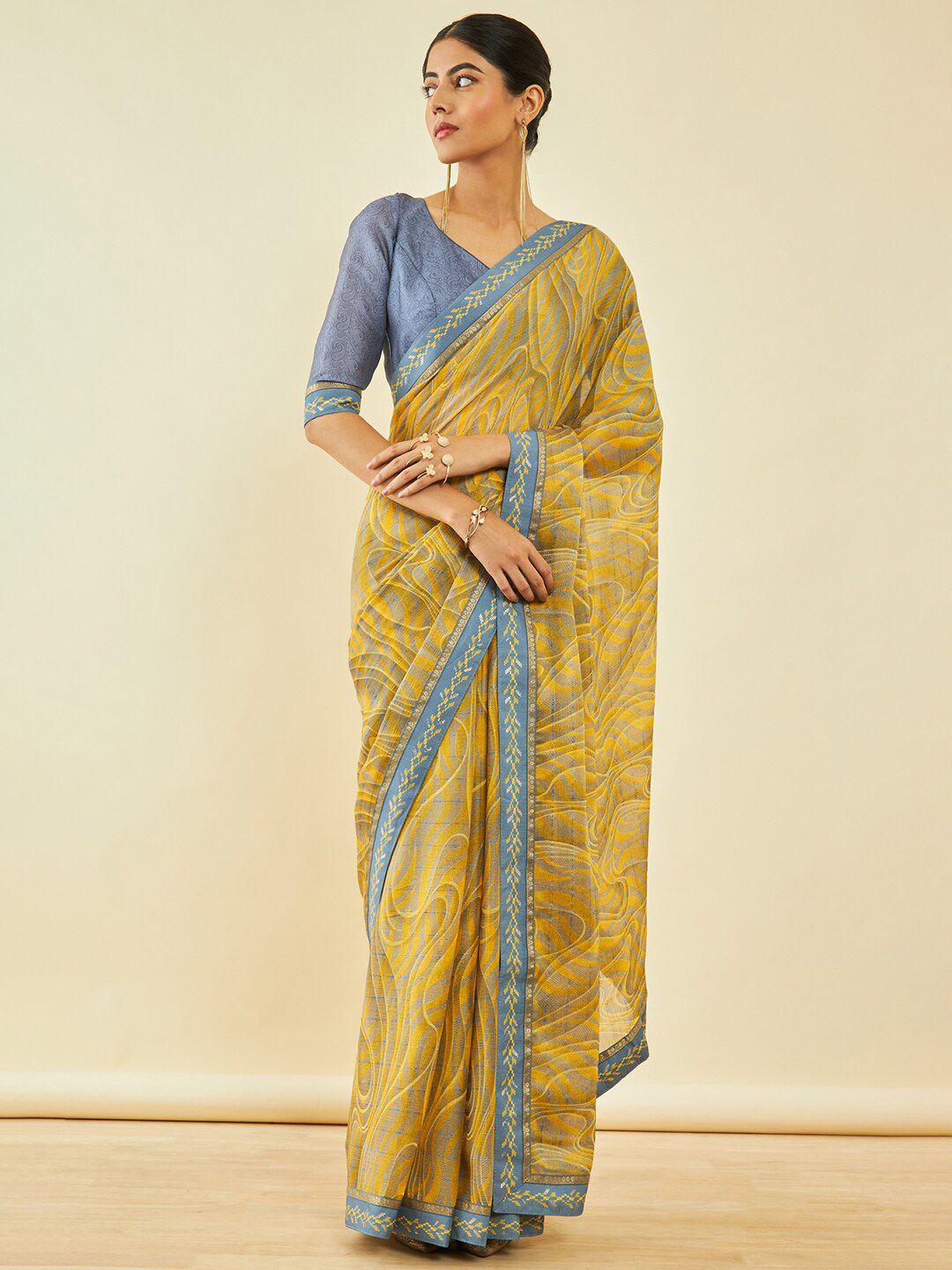 soch yellow & grey poly chiffon saree