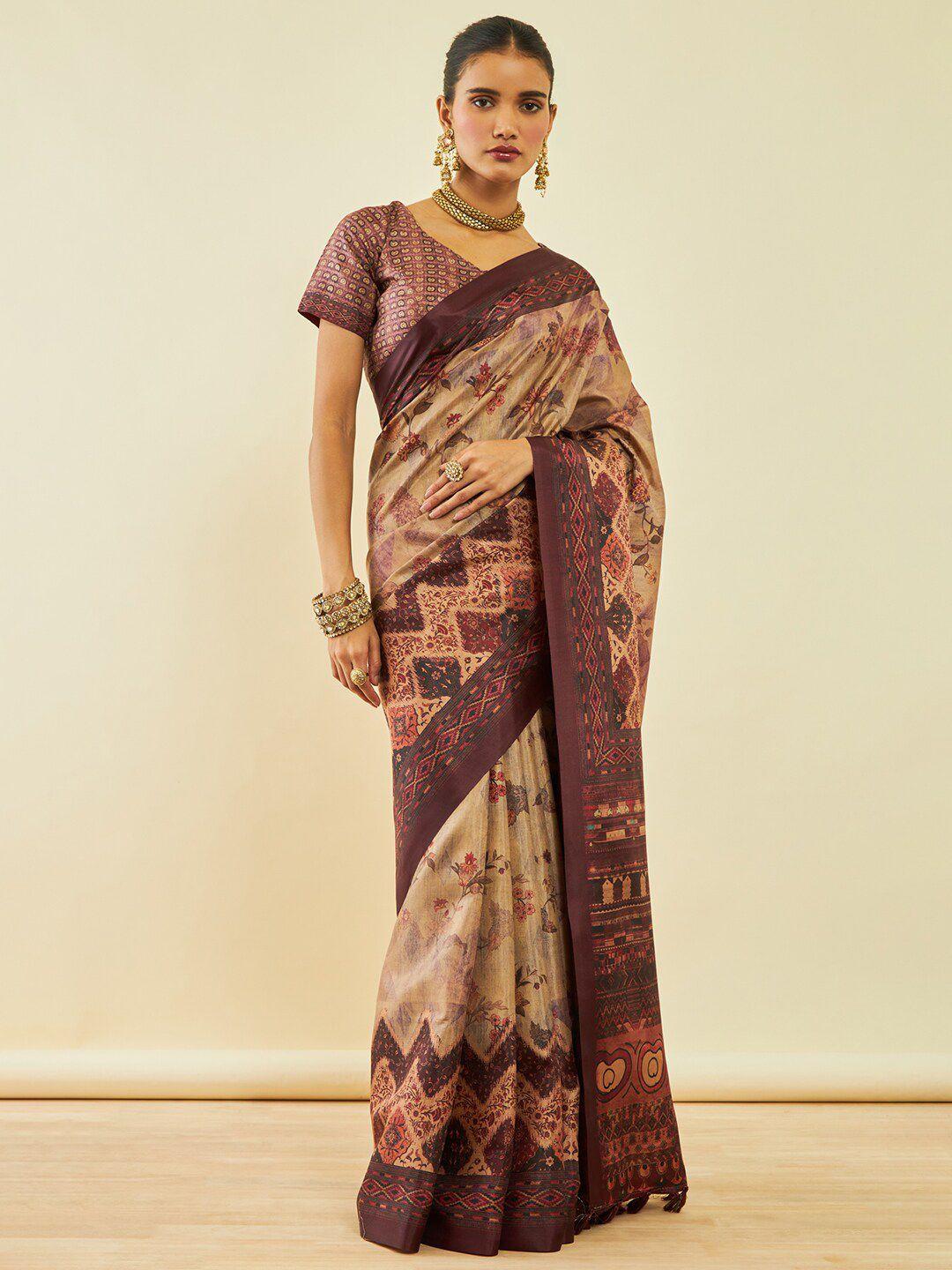 soch brown floral art silk saree