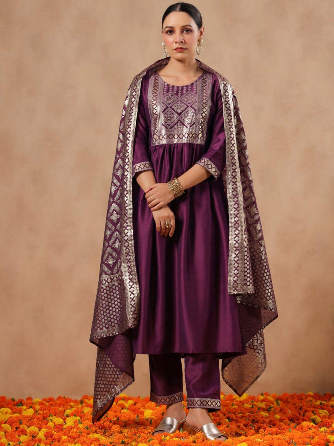 ishin yoke design woven design regular kurta with trousers & with dupatta