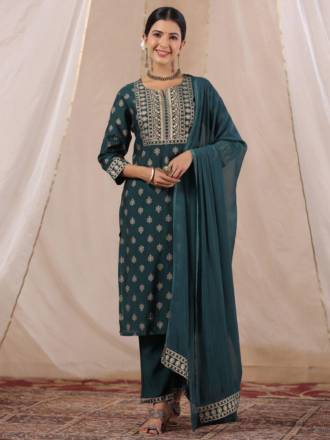 ishin ethnic motifs printed straight kurta with trousers & dupatta