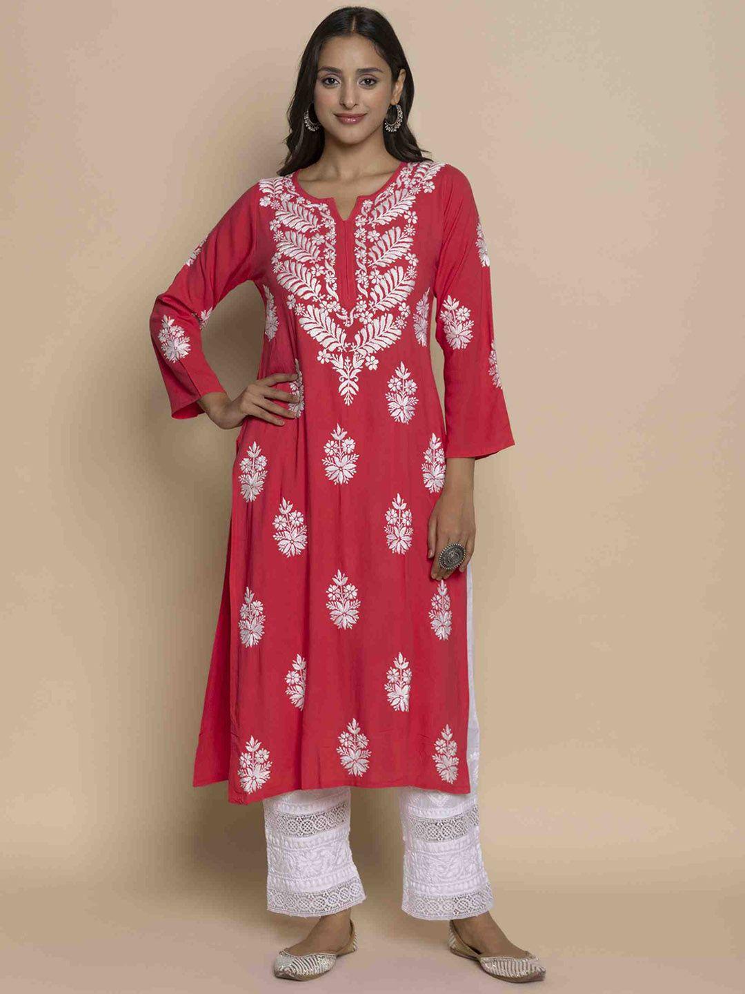 house of kari floral chikankari embroidered notched round neck straight kurta