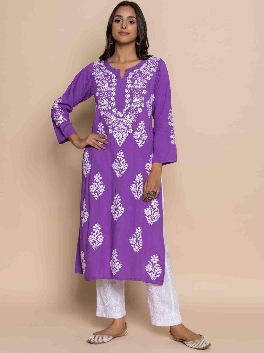 house of kari floral chikankari embroidered notched round neck straight kurta