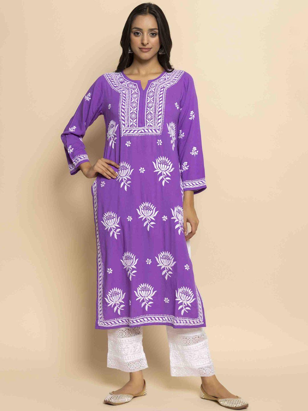 house of kari ethnic motifs chikankari embroidered notched round neck straight kurta