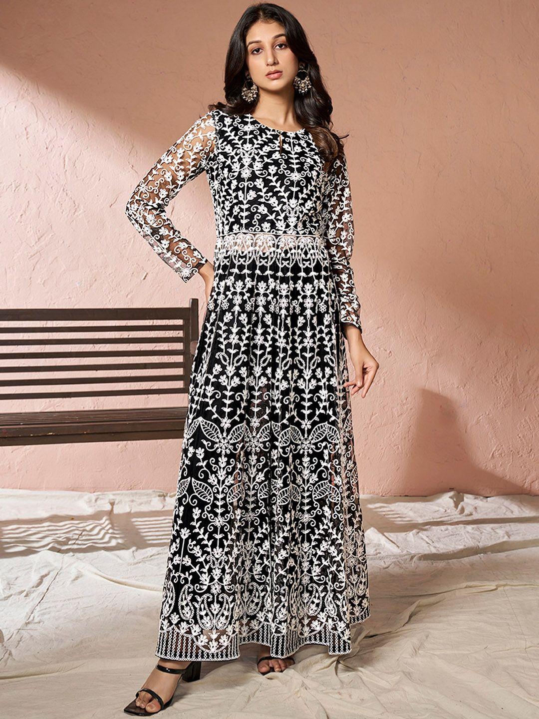 inddus black floral embroidered net keyhole neck high slit a-line kurta & trousers