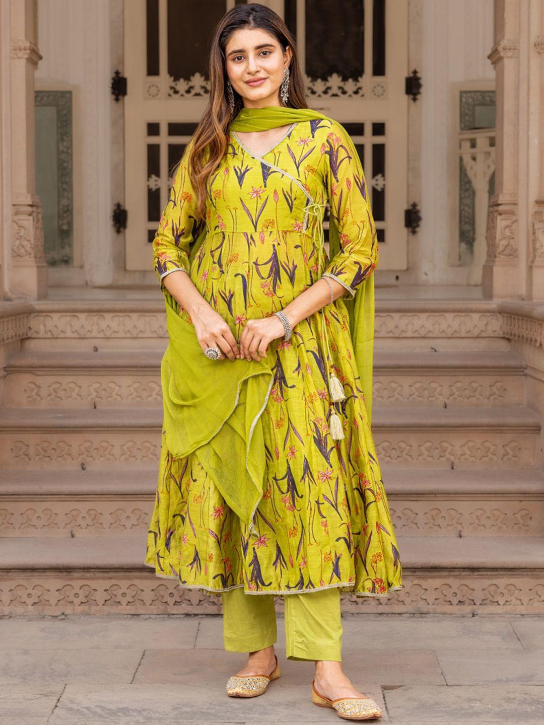 ambraee women green floral printed regular chanderi cotton kurta with trousers & with dupatta