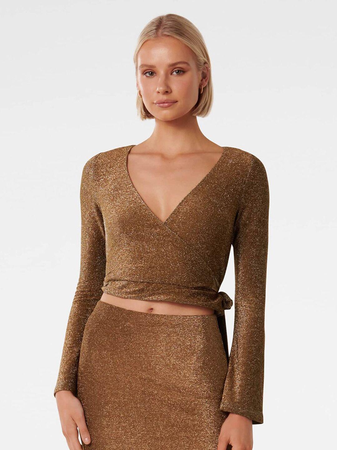 forever new v-neck glitter waist tie-ups wrap crop top