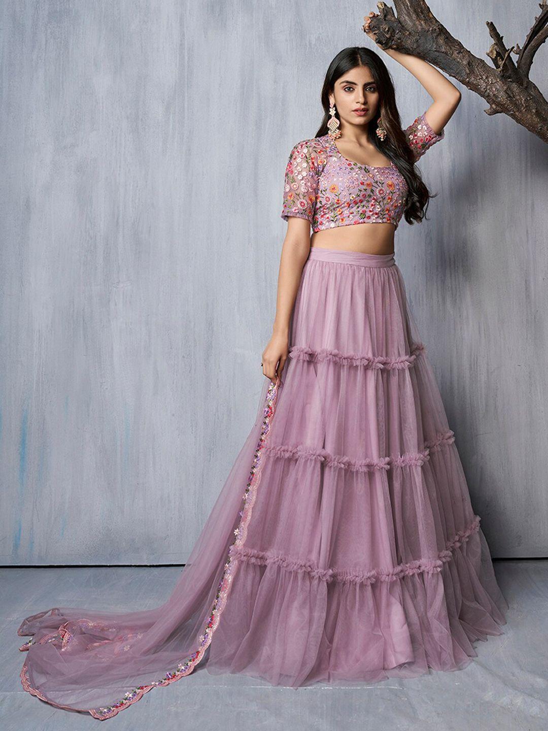 inddus embroidered thread work semi-stitched lehenga & unstitched blouse with dupatta