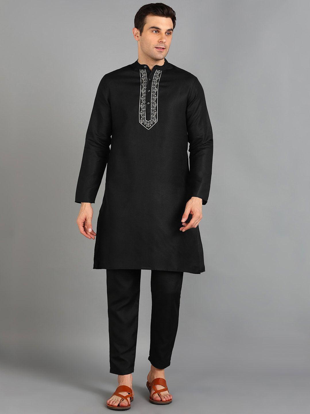 here&now men black regular thread work kurta with trousers