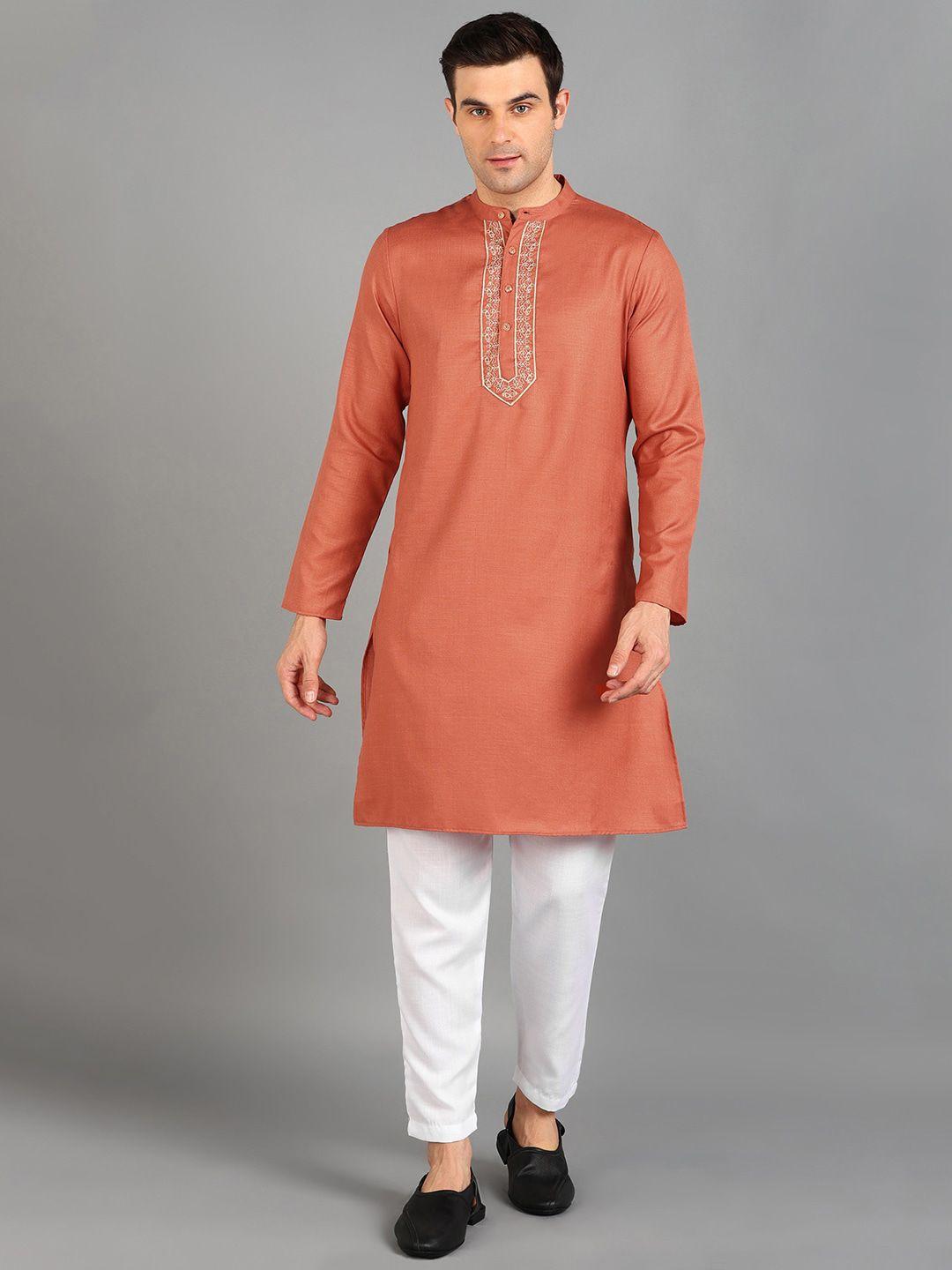 here&now men orange embroidered regular thread work kurta with trousers