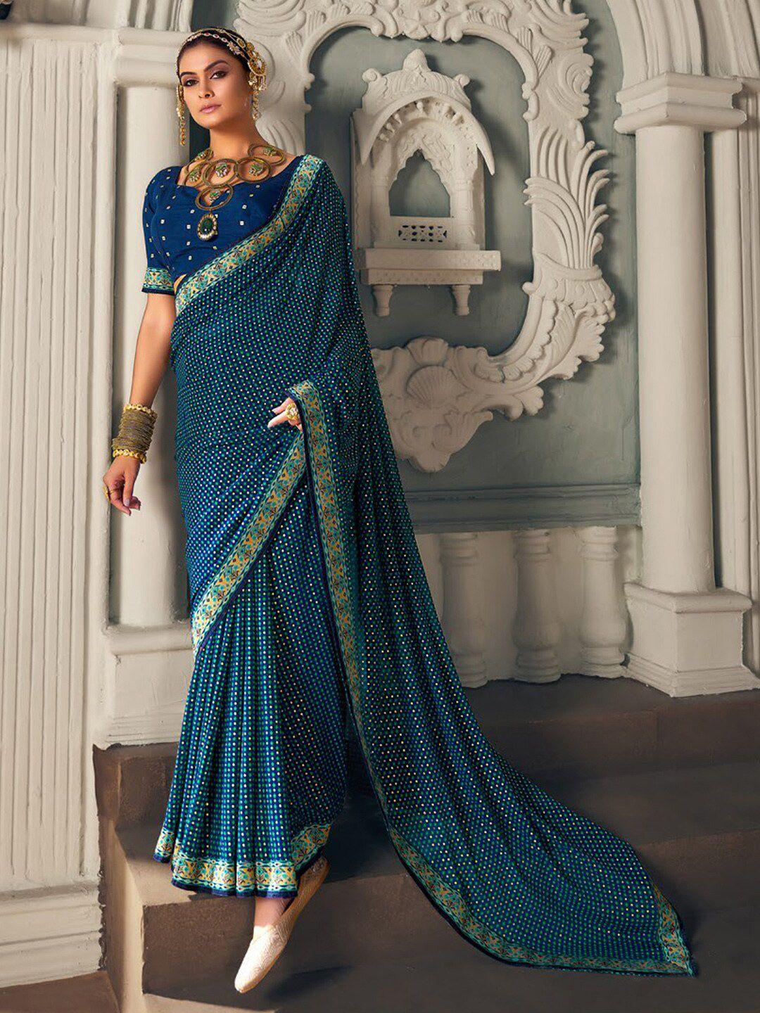 anouk navy blue & green ethnic motifs embroidered pure georgette bagru saree