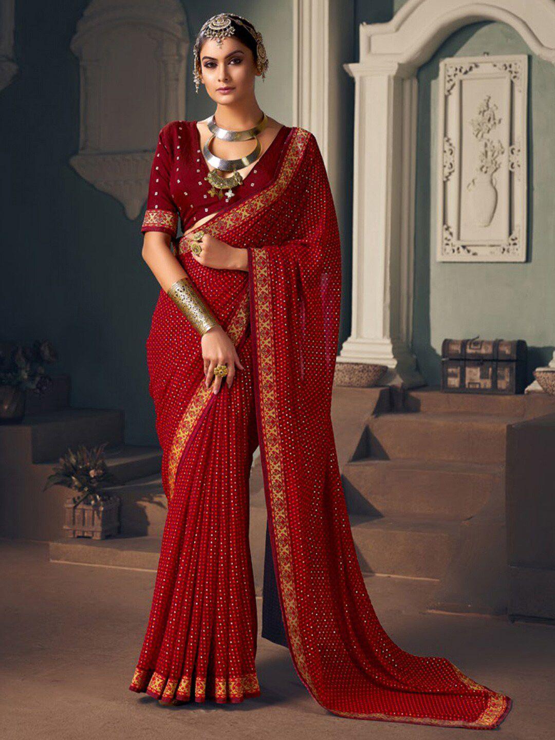 anouk maroon & gold-toned embellished zari pure georgette bagru saree