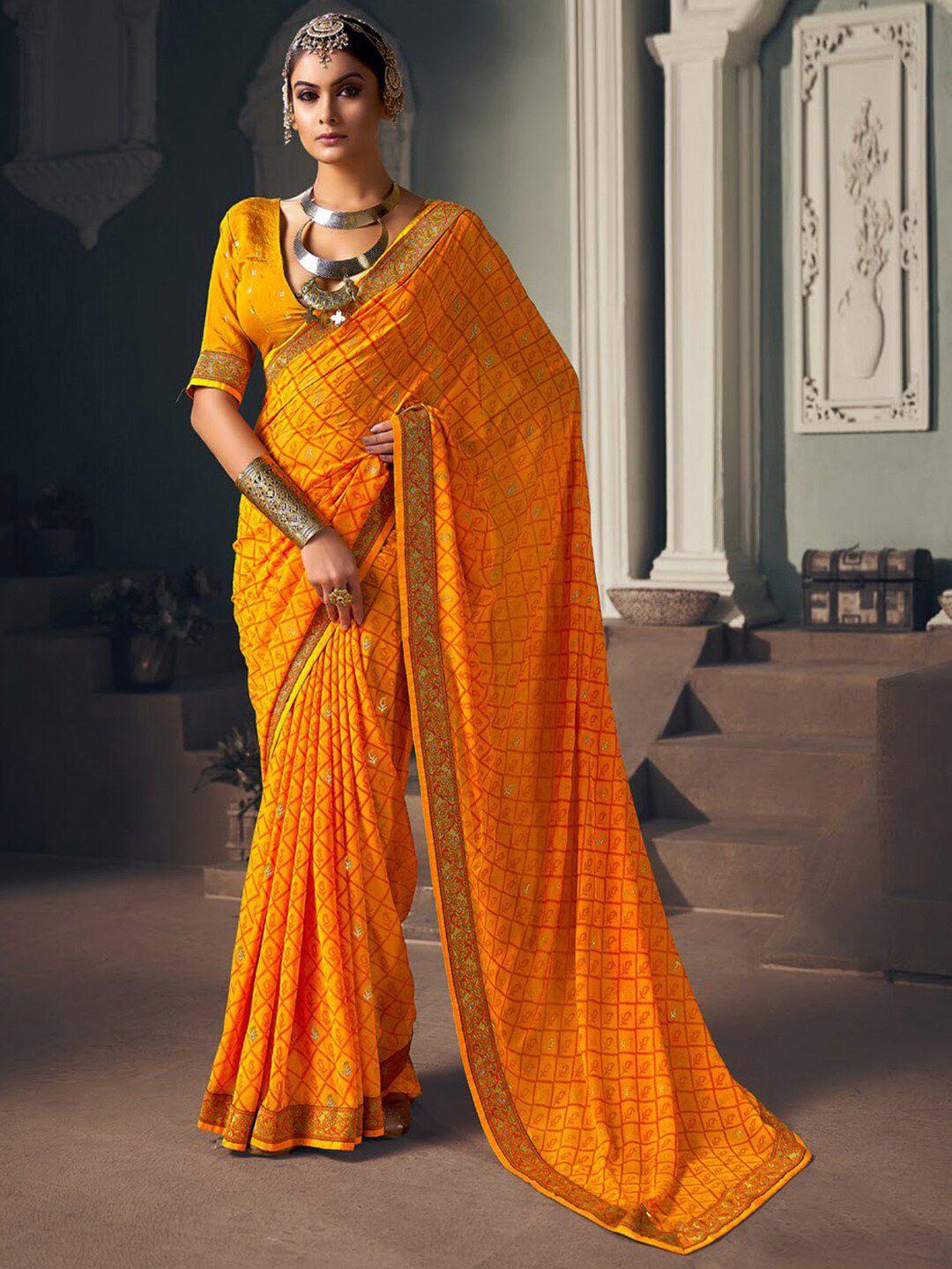 anouk yellow & orange paisley embroidered pure georgette bagru saree