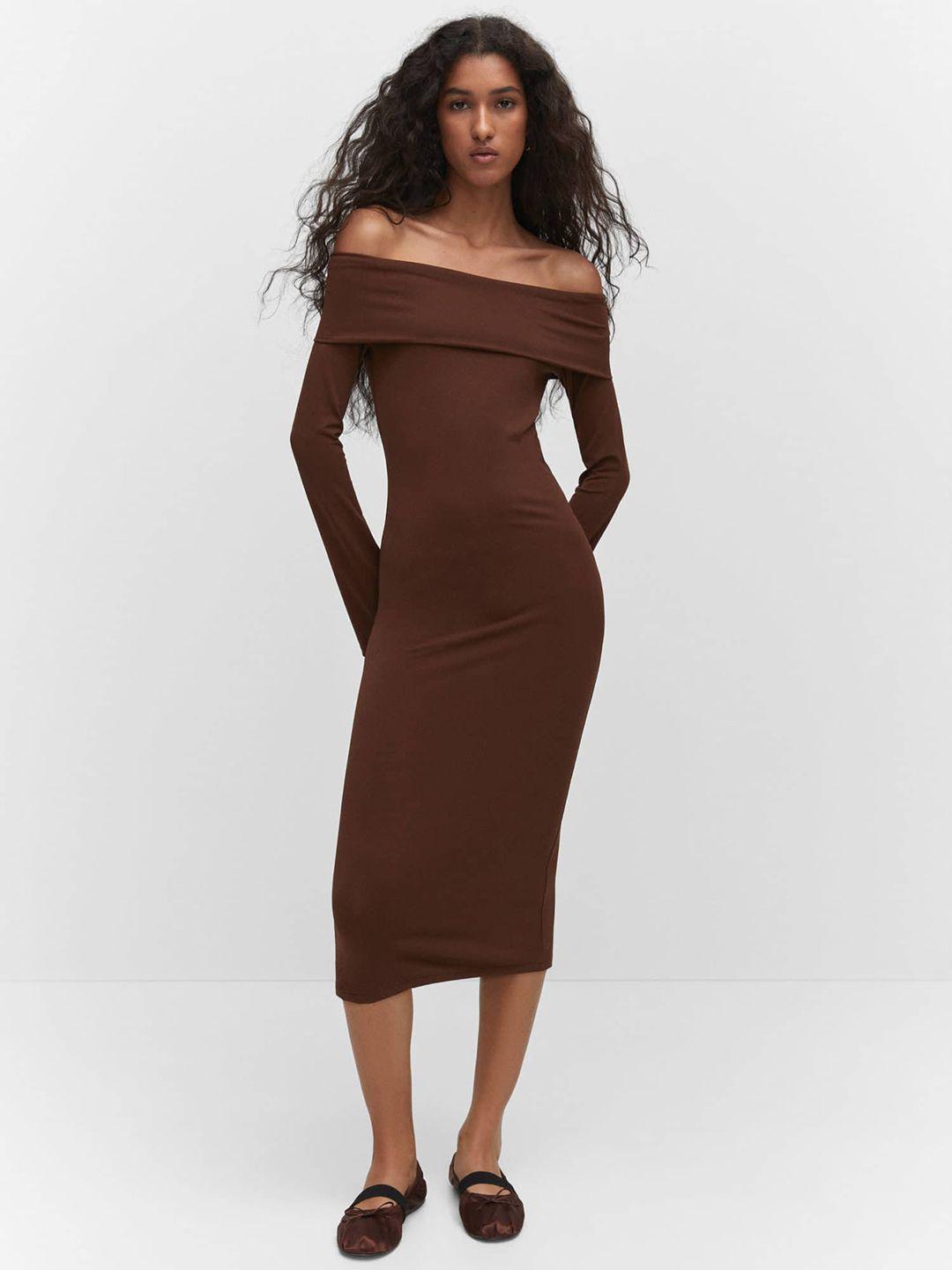 mango off-shoulder bodycon midi dress