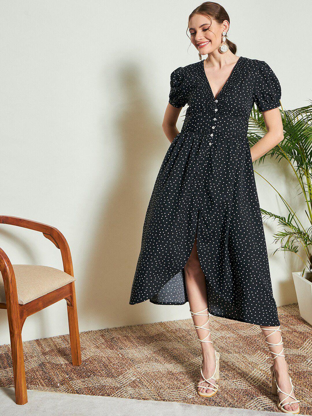 kassually polka dots printed v-neck a-line midi dress