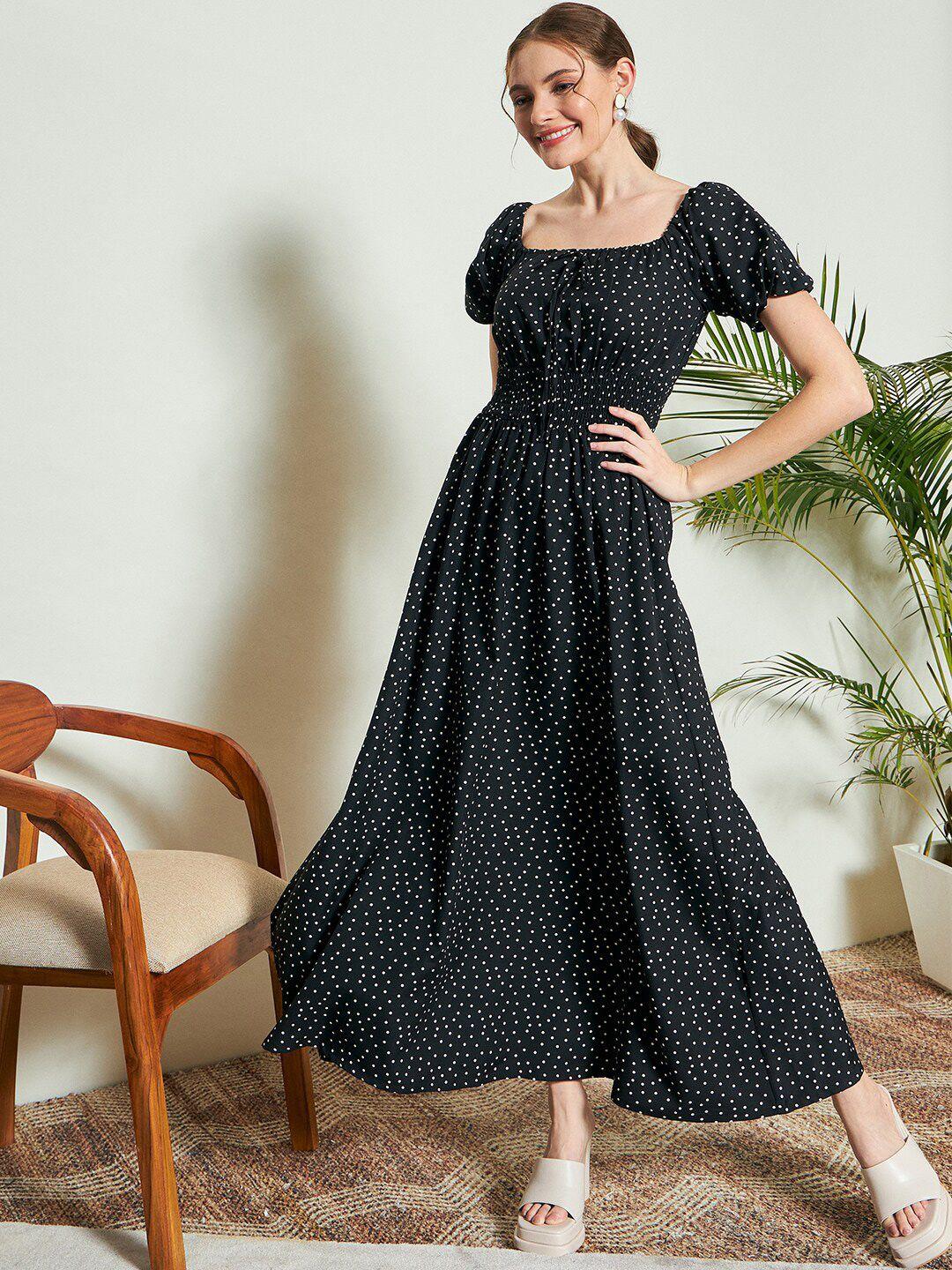 kassually black polka dot print puff sleeve maxi dress