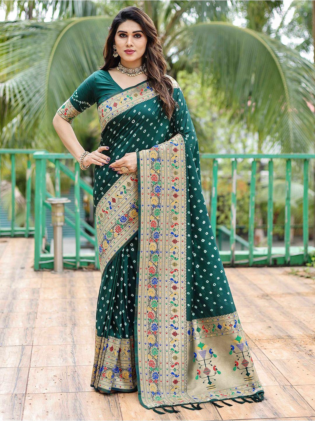 mitera green & white bandhani printed zari paithani saree