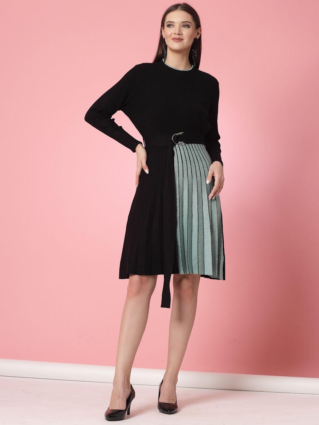 mafadeny striped pleated a-line dress comes with a belt