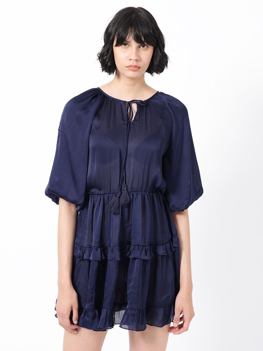 rareism blue puff sleeve fit & flare dress