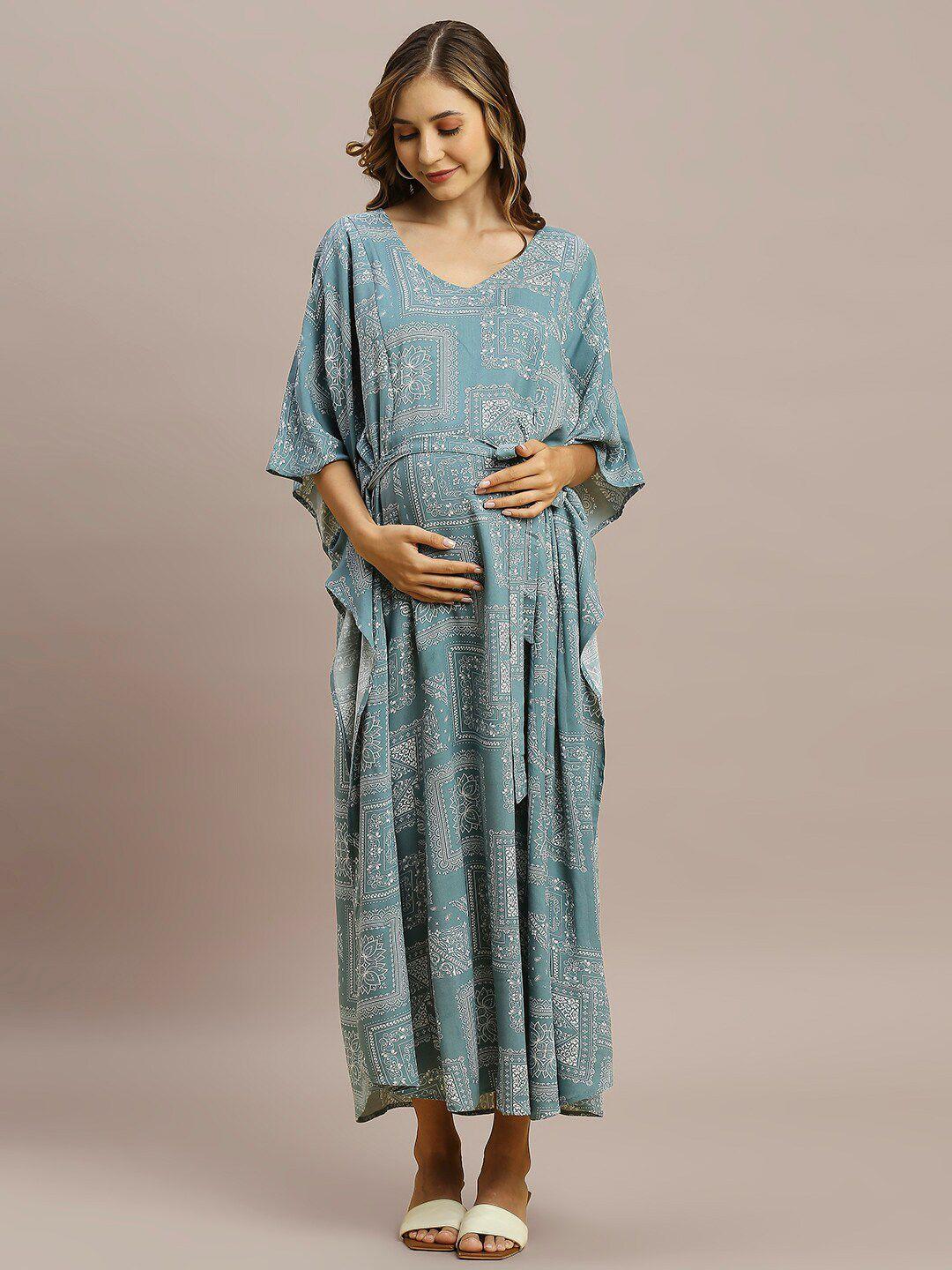 momtobe ethnic motifs printed v-neck tie-ups kaftan maternity dress