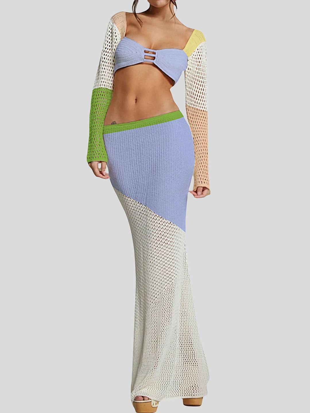 lulu & sky colourblocked crochet sweetheart neck crop top with mermaid maxi skirt co-ords