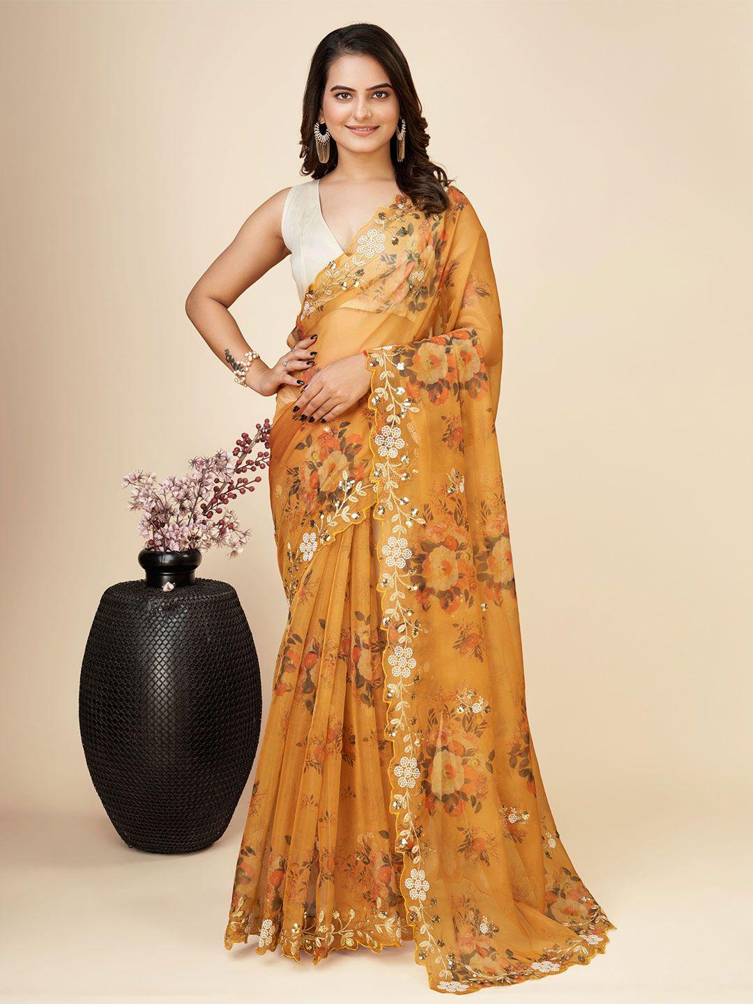 vairagee orange & green floral embroidered organza saree