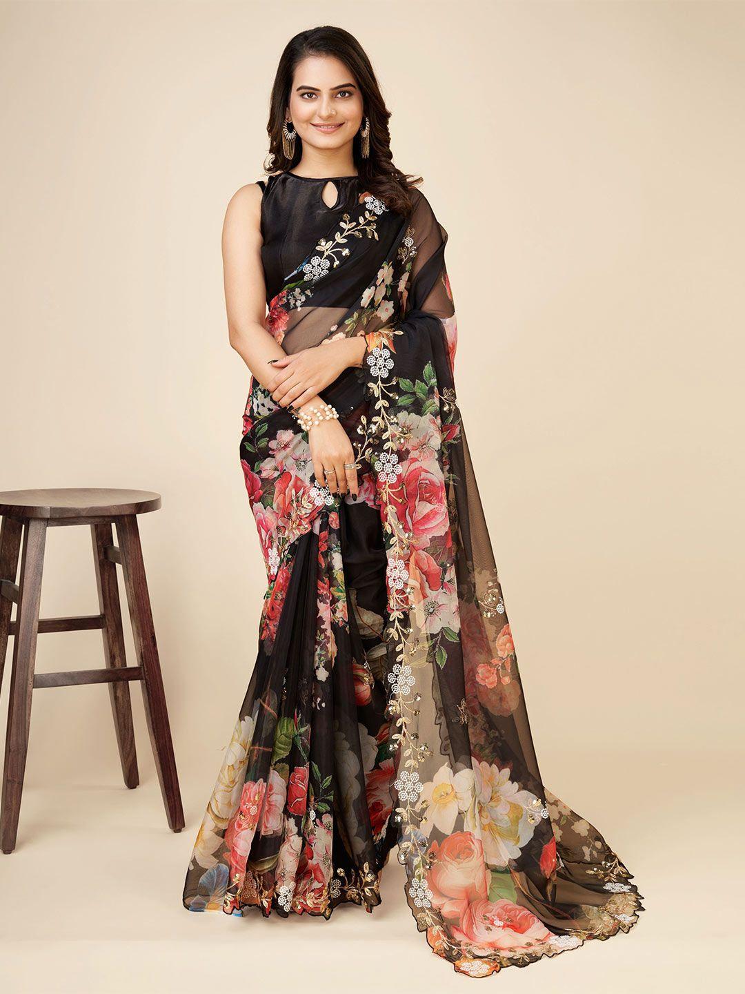 vairagee black & pink floral embroidered organza saree