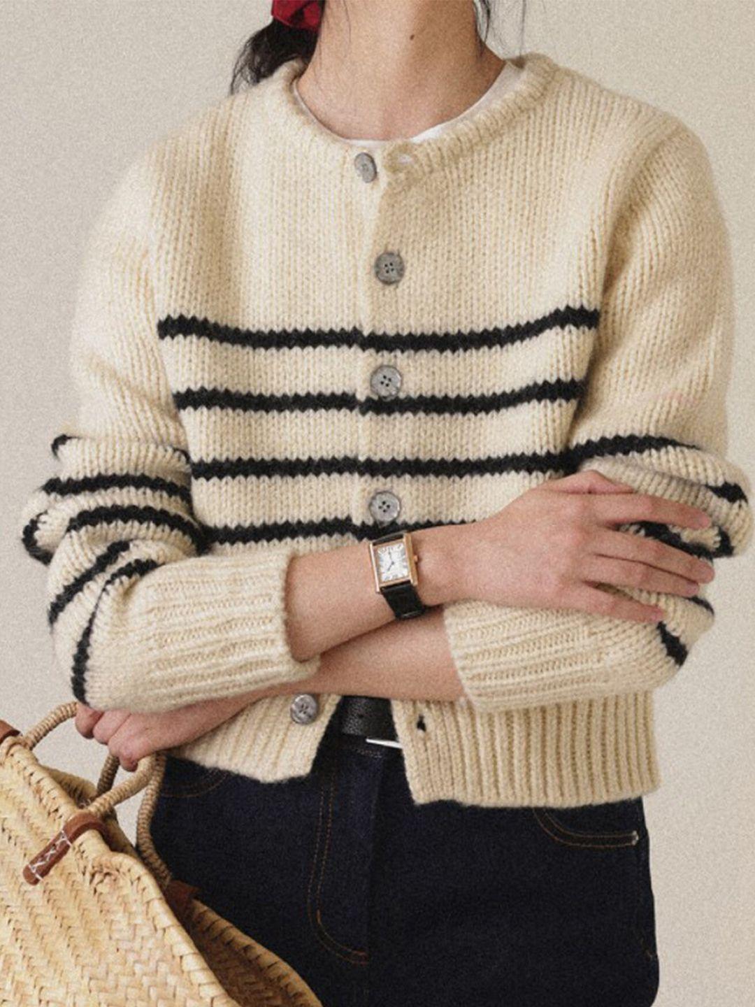 lulu & sky women cream-coloured & black striped cardigan