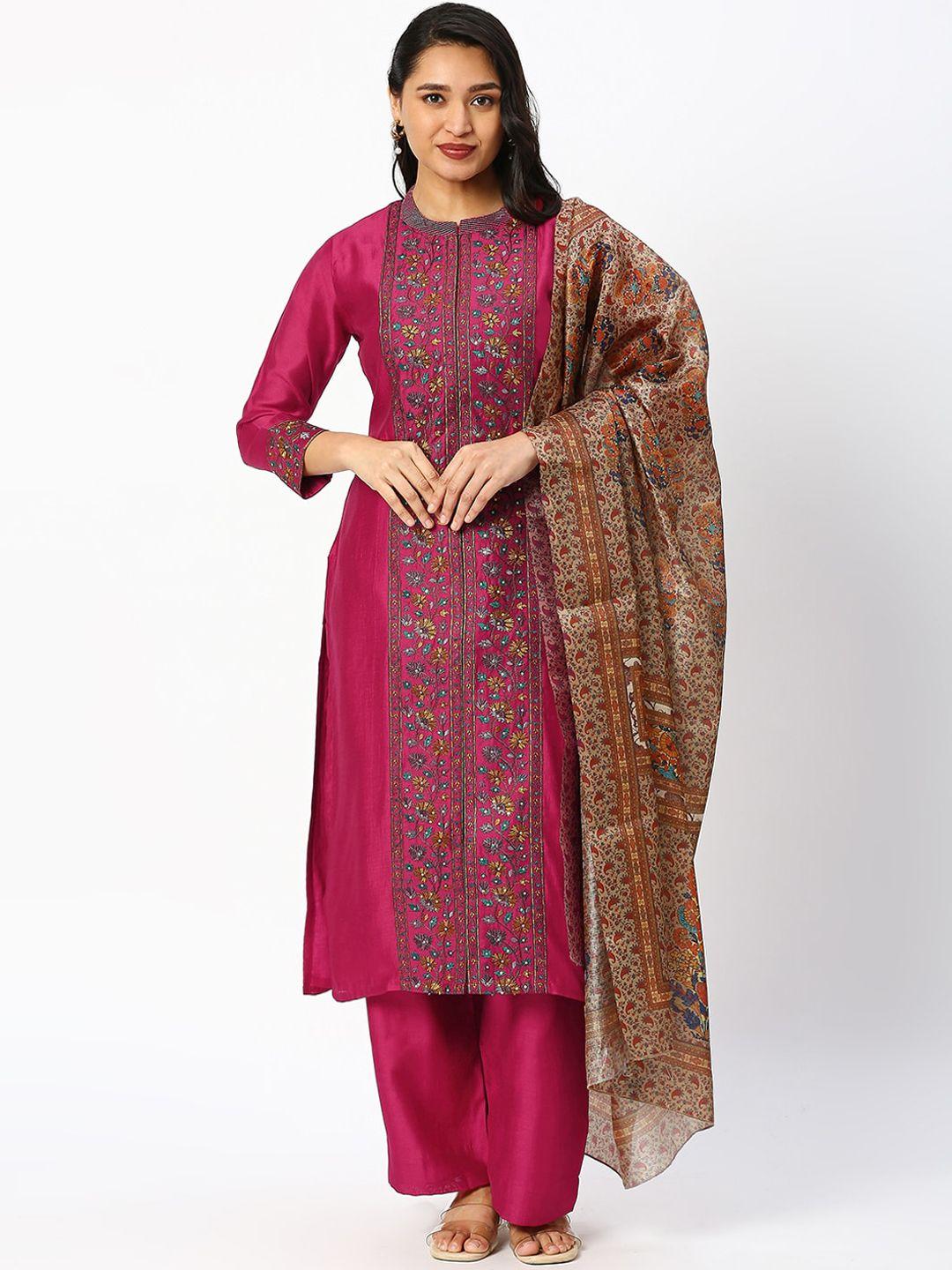 dressline women pink floral embroidered regular thread work kurta with palazzos & with dupatta