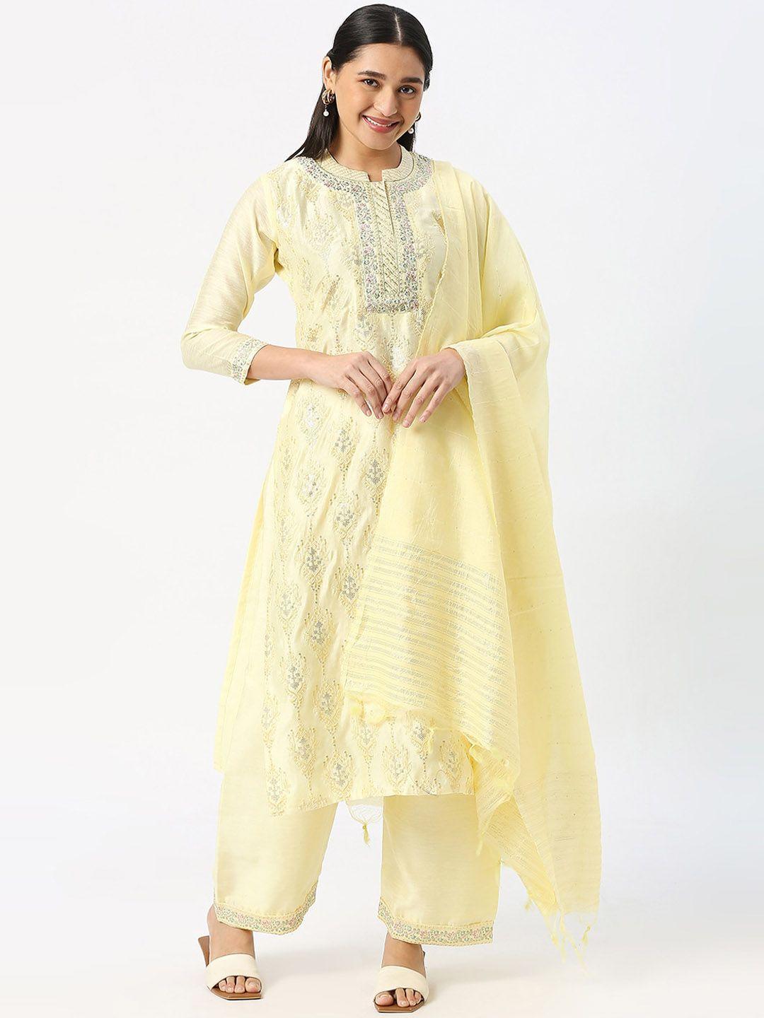 dressline women yellow ethnic motifs embroidered regular thread work kurta with trousers & with dupatta