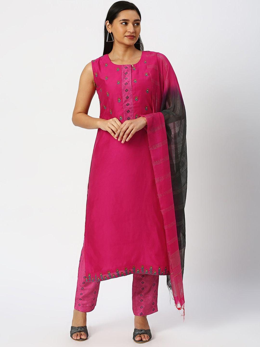 dressline women pink floral embroidered regular thread work chanderi silk kurta with trousers & with dupatta