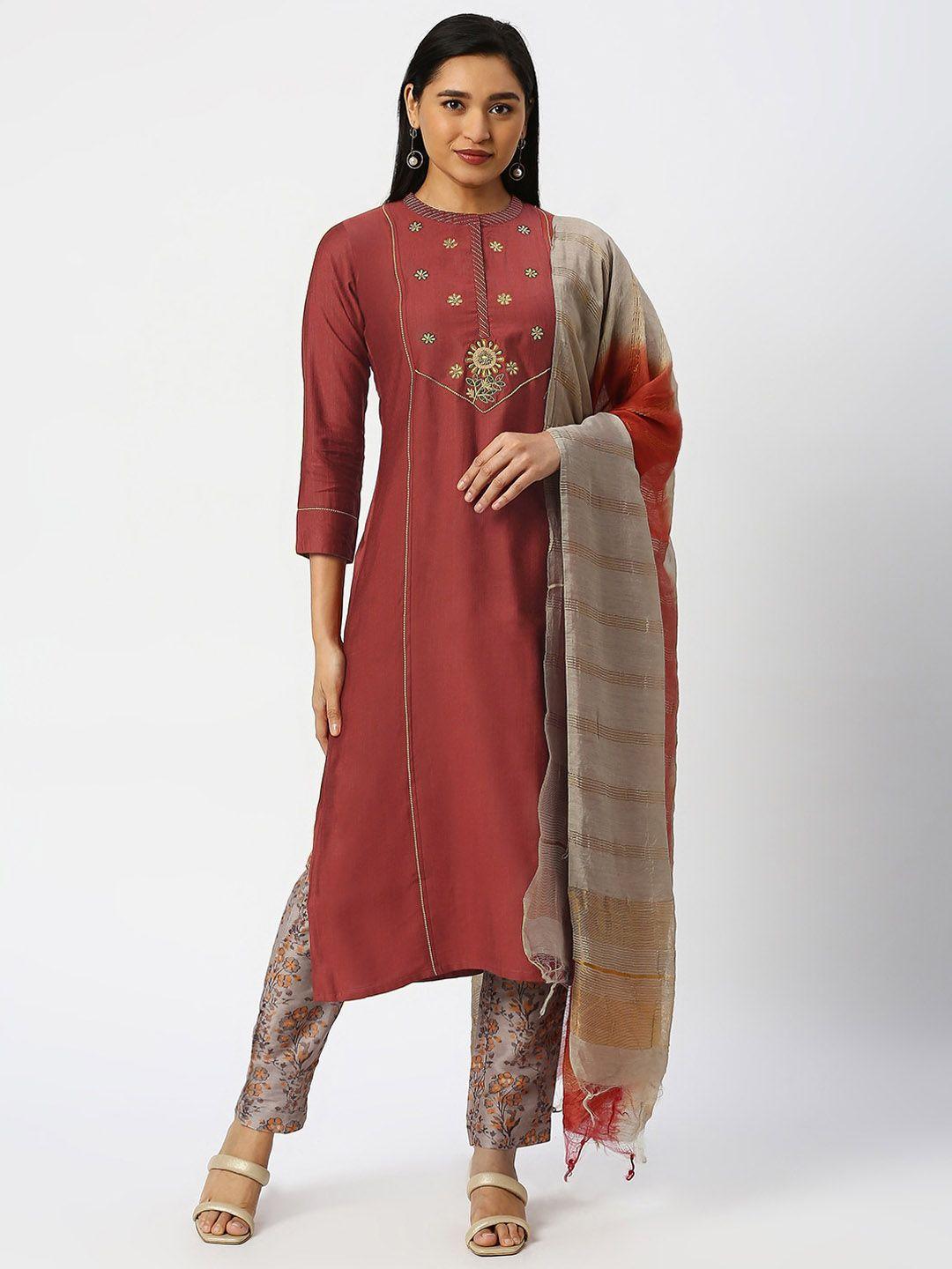 dressline women rust floral regular kurta with trousers & with dupatta