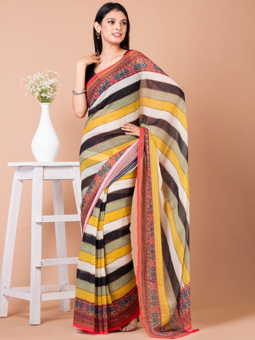 angroop red & yellow striped sequinned poly georgette saree