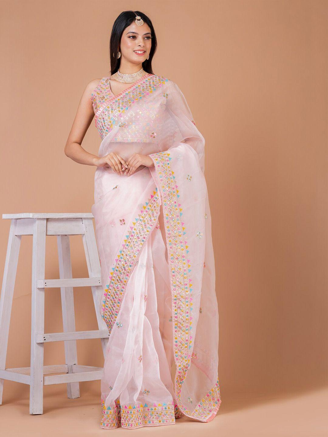 angroop pink & blue embellished mirror work organza saree