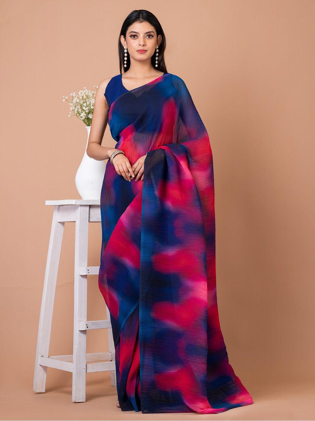 angroop blue & pink tie and dye poly georgette saree