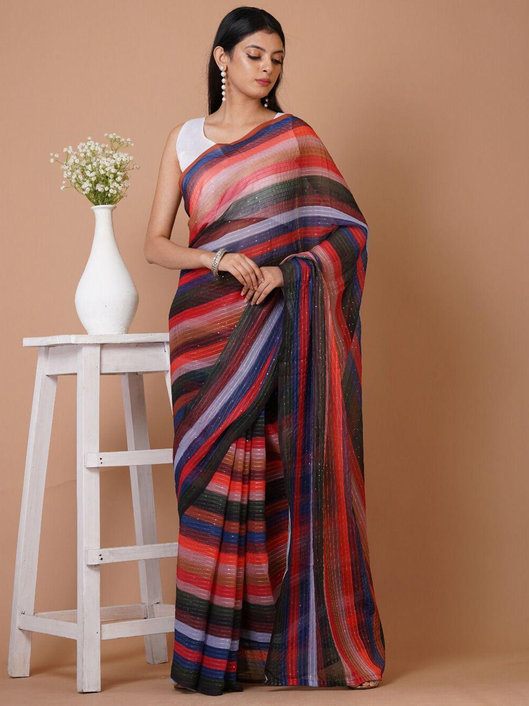 angroop red & blue striped sequinned poly georgette saree