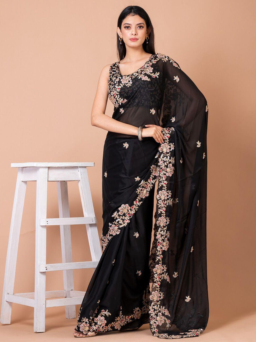 angroop black & pink floral embroidered saree