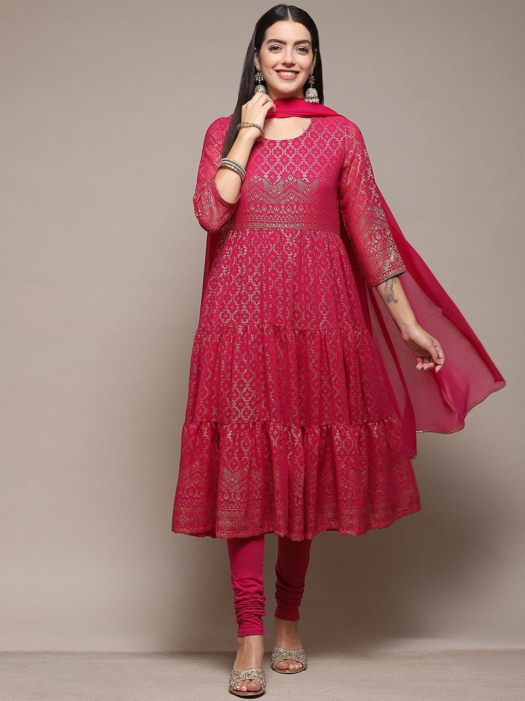 biba ethnic motifs printed tiered anarkali kurta & leggings with dupatta