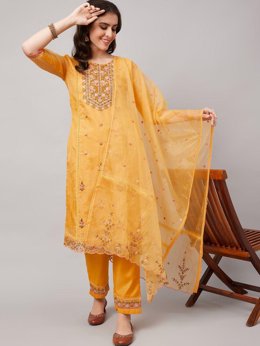 here&now yellow floral embroidered regular straight kurta & trousers with dupatta