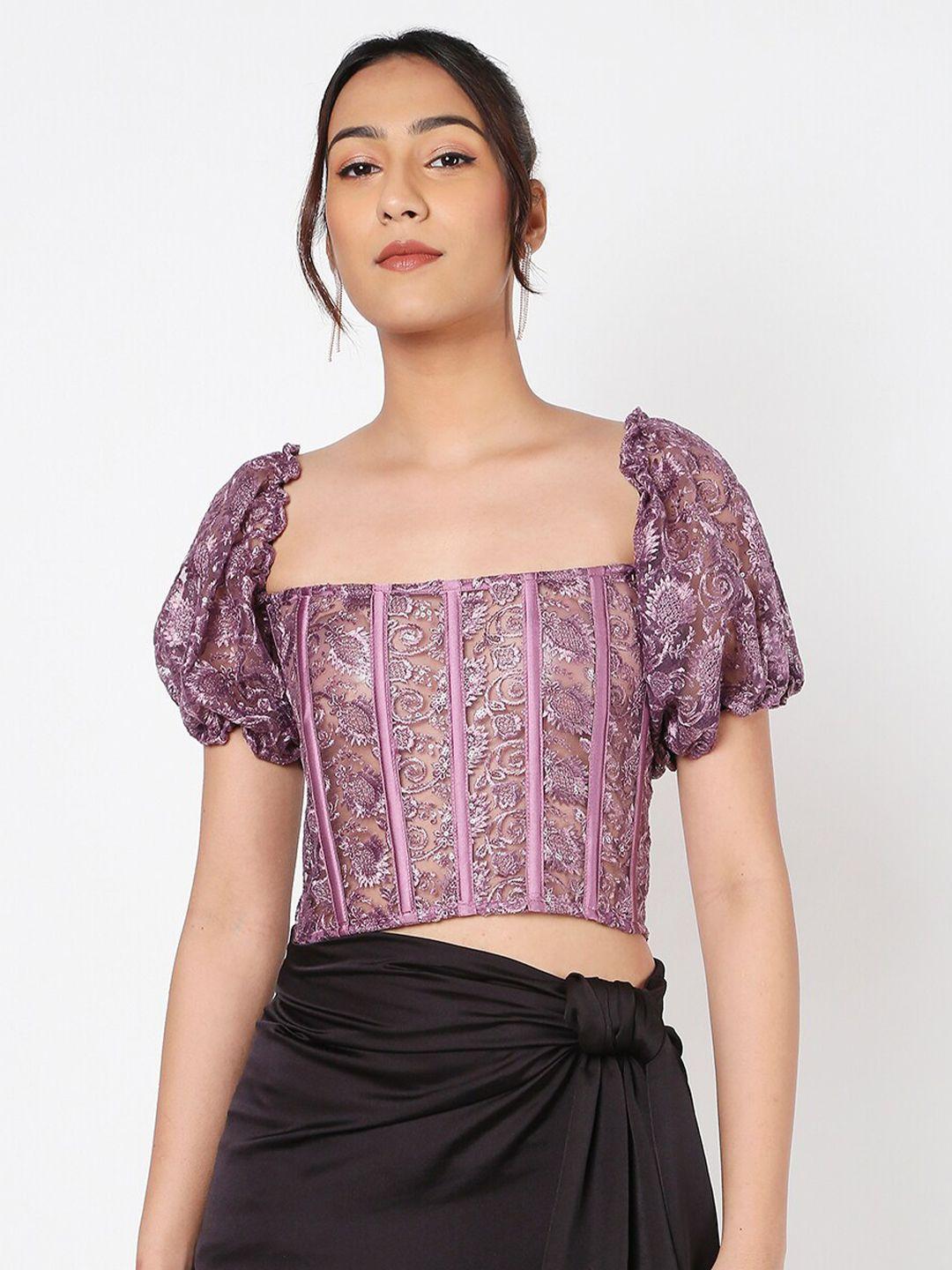 liyokki self design square neck puff sleeve lace crop top